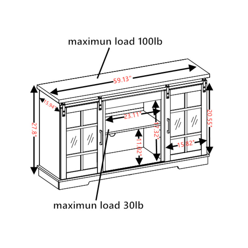 Multipurpose Sliding Door TV Cabinet Large Storage Cabinet with Glass Doors, For TVs Up to 65", White