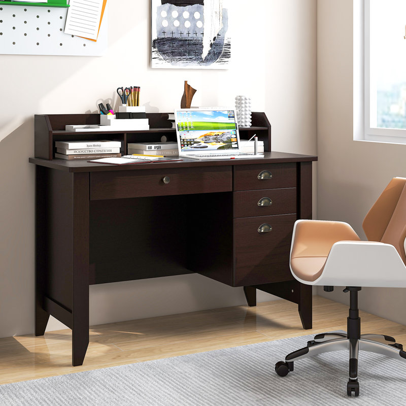 Bureau d'ordinateur rétro avec 4 tiroirs et tablettes, Brun