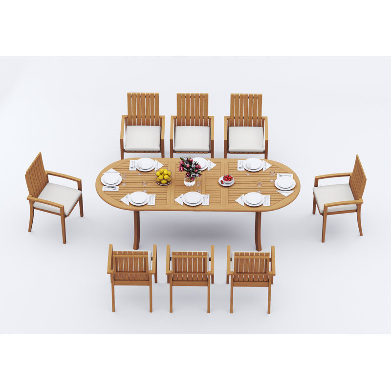 9 Pcs Grade-A Teak Wood Dining Set: 94" Double Extension Oval Table And 8 Goa Stackng Arm Chairs #11GO2208, 8
