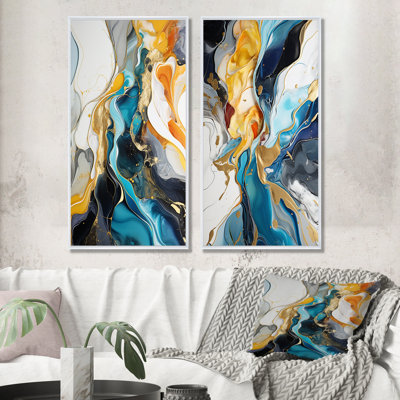 Blue And Yellow Liquid Ink Abstraction Harmony I - Abstract Liquid Ink Canvas Wall Art Set Of 2
