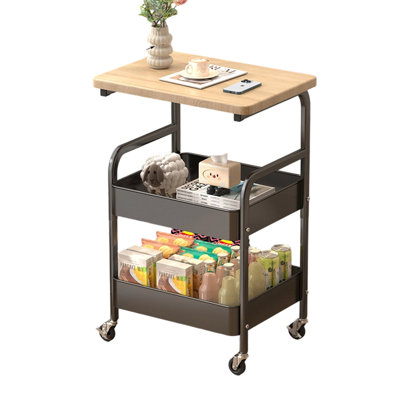 3-Tier Metal Rolling Utility Cart with Wooden Tabletop – Sturdy Mesh Baskets, Lockable Wheels, Organizer for Snacks, Coffee, Makeup, Crafts – for Kitchen, Living Room