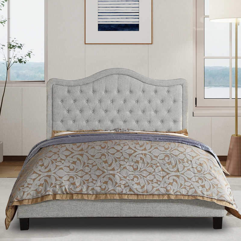 Structure de lit rembourrée en tissu avec tête de lit réglable, support à lattes de bois, lit plateforme capitonné, Gris