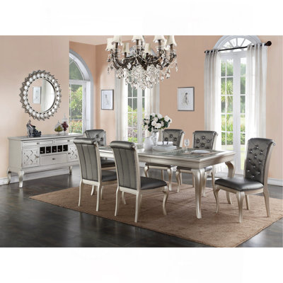 Dining Table Rectangle Glass Inert Top Silver Hue 7Pc Dining Table 6X Side Chairs Tufted Back Dining Room Furniture
