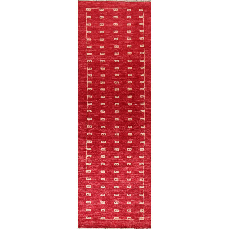 Tapis rouge / gris / beige en laine noué à la main Redus, Tapis de couloir 2 pi 9 po x 8 pi 1 po