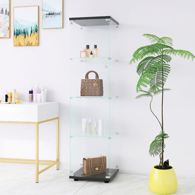 Armoire vitrée à 4 tablettes avec porte, 64,7 po x 16,7 po x 14,3 po, sur pied, noire, pour exposer des porte-clés et charmes 64,7 po x 16,7 po x 14,3 po