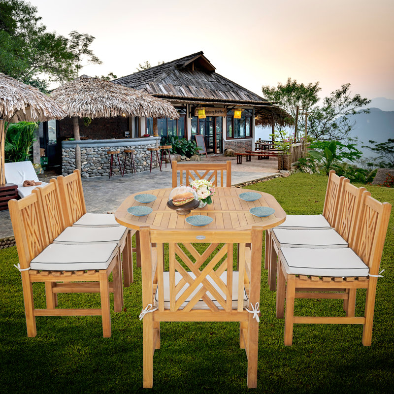 9 - Person Teak Wood Patio Dining Set with Round Table , Cushions Included