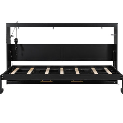 Twin Size Modern Side - Folding Bed With Stylish Printed Design Detail, Under Led Sparkle, Easy Use Charging Platform, Black For Compact Abodes Fashionable Pattern, Energy Efficient , Convenient