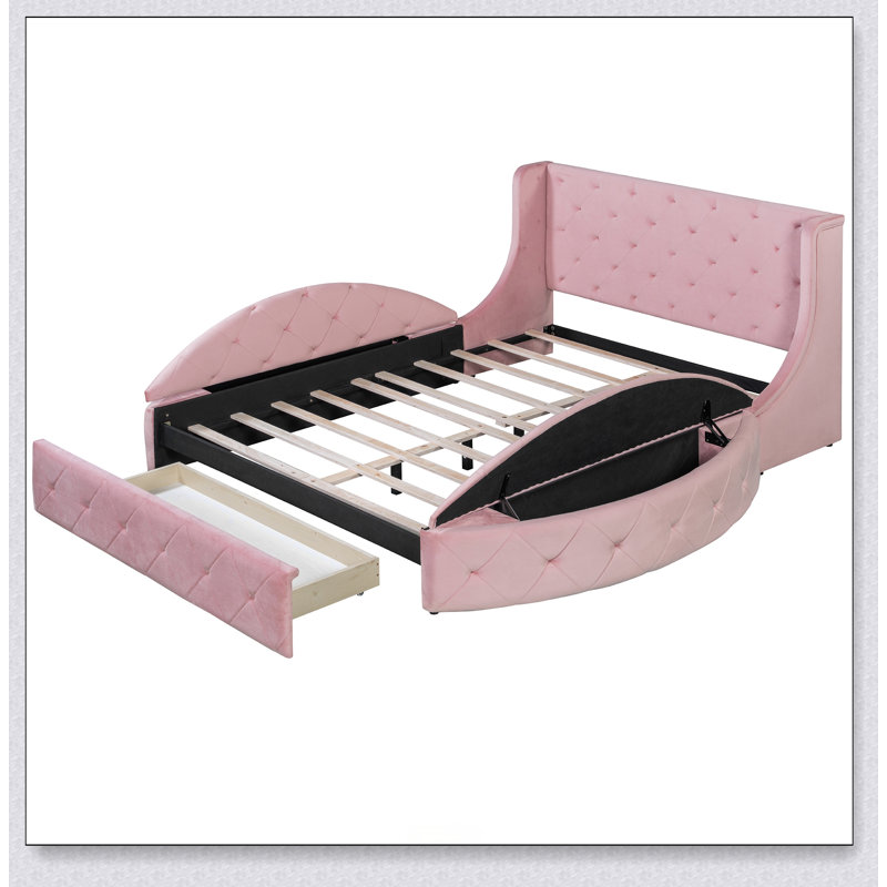 Upholstered Platform Bed Storage Velvet Bed With Wingback Headboard And 1 Big Drawer,2 Side Storage Stool, Pink