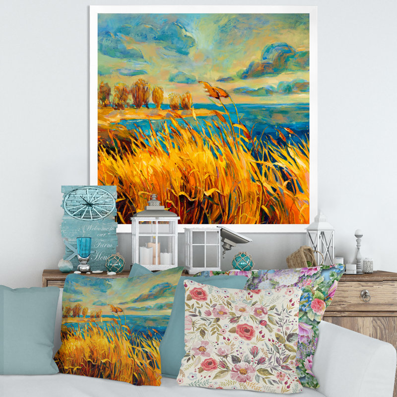 «Vibrant Sunset over Lake», peinture sur toile, Cadre photo blanc, H 30 po x l 30 po x P 1 po
