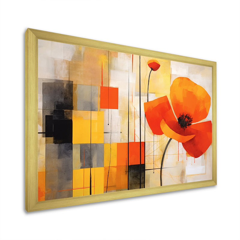 «Bold orange cubic Flowers», art mural abstrait géométrique, Cadre doré simple, H 16 po x l 32 po x P 1 po