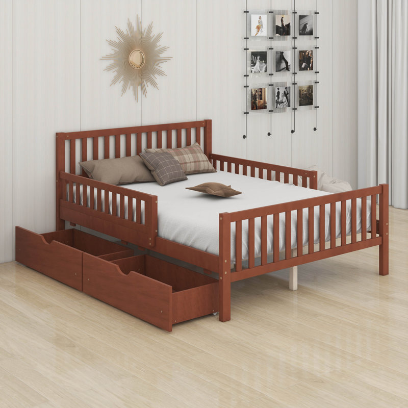 Storage Bed Frame For Kids, Wood Bed With 2 Drawers, Platform Bed With Guardrails On Both Sides For Kids, Girls, Boys, Walnut