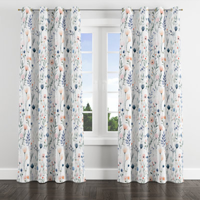 Floral Curtains - Boho Blue And Green Meadow Flowers Grommet Curtain - 1 Panel