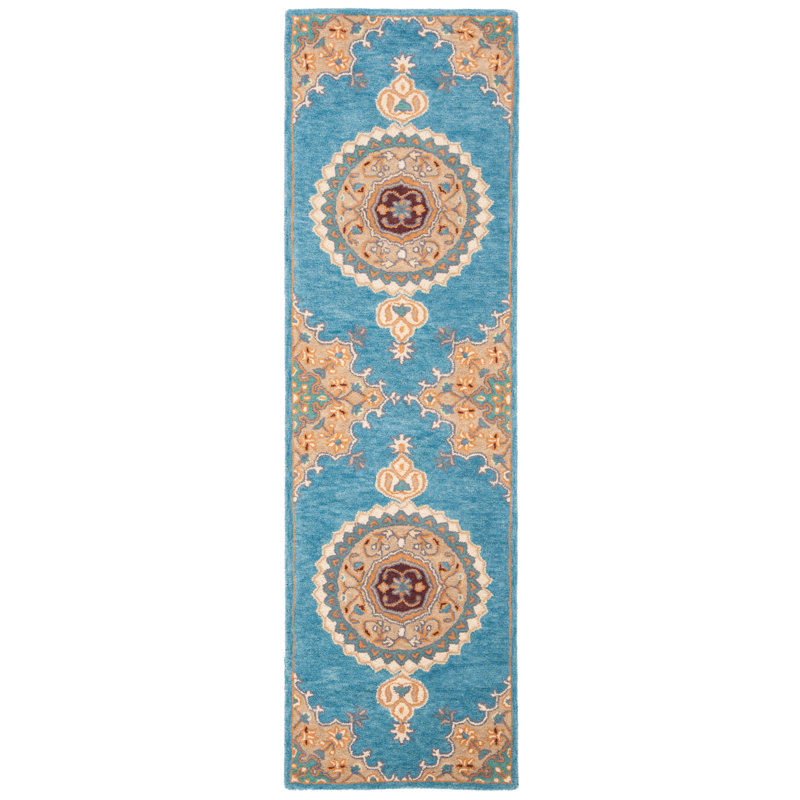 Clavene Hand Tufted Wool/Cotton Oriental Rug in Yellow/Blue, Runner 2'3" x 8'