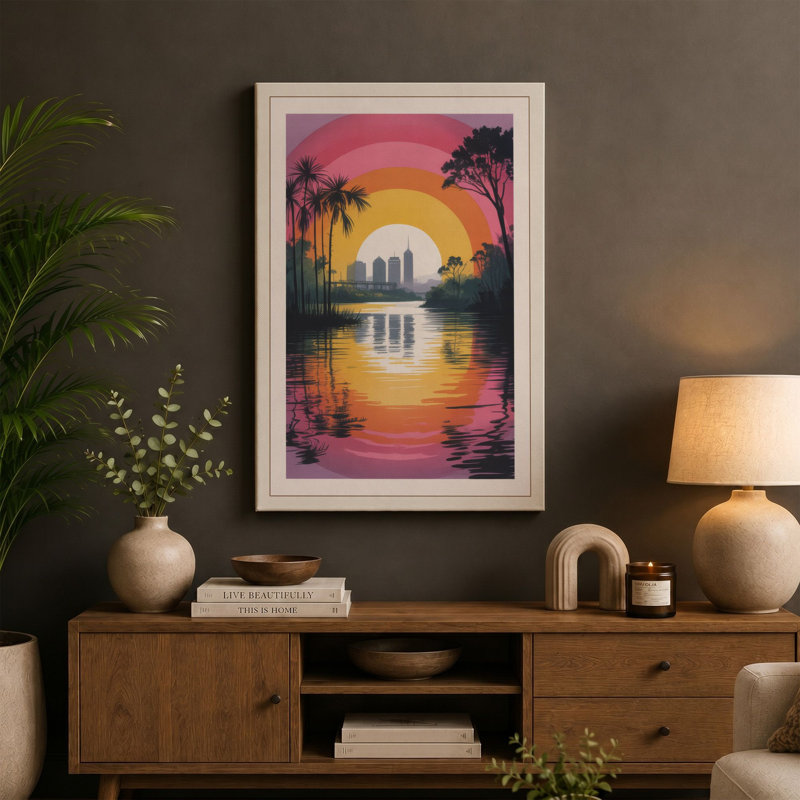 Sunset Reflection Tropical - Wrapped Canvas, 36x24 - 91.4 x 61.0 cm, Ochre Border