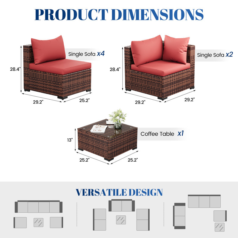 Bhairavi 6 - Person Modular Patio Conversation Set with Cushions, Burgundy