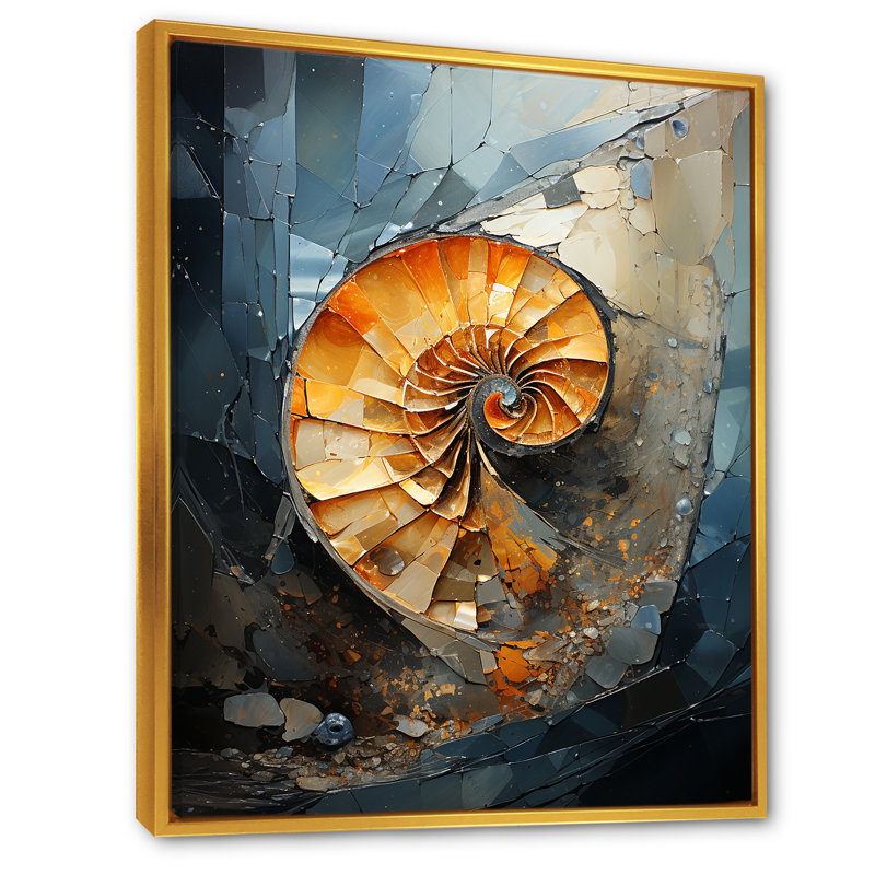 Golden Sea Sheel Spiral sur toile, H 32 po x l 24 po x P 1 po, Cadre flottant doré