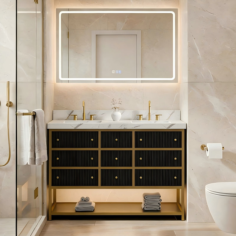 Meuble-lavabo double 60 po avec comptoir en pierre d'ingénierie et lumière DEL Celestia, Noir, 60"
