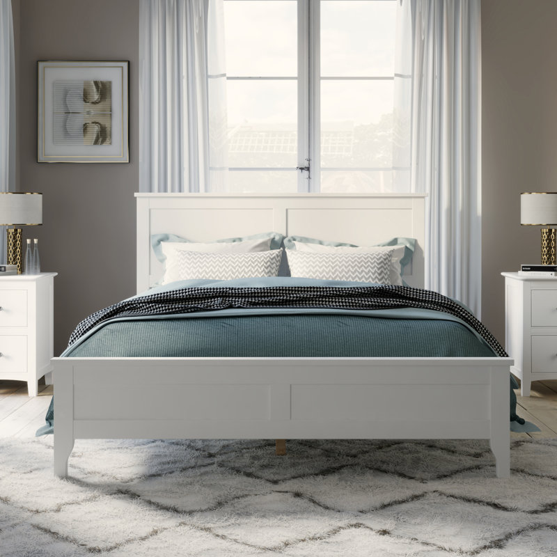 Grand lit plateforme moderne en bois massif avec support de lattes en bois robuste, sans sommier tapissier, blanc