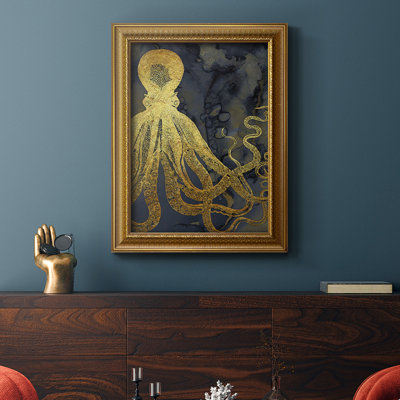 Octopus Ink Gold & Blue I, toile encadrée de qualité supérieure - prête à être accrochée