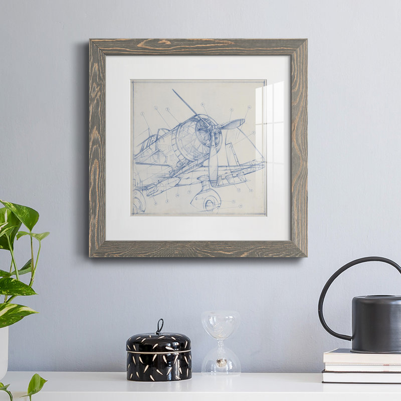 Croquis mécanique d'avion I-Premium, reproduction encadrée - prêt à être accroché, Cadre en papier gris, Blanc