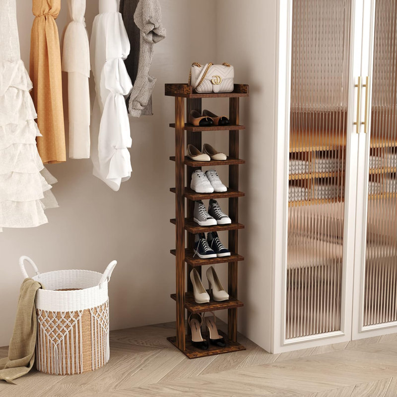 Hulett 45'' Freestanding Vertical 7-Tier Wooden Shoe Rack with Top Storage Shelf, Brown