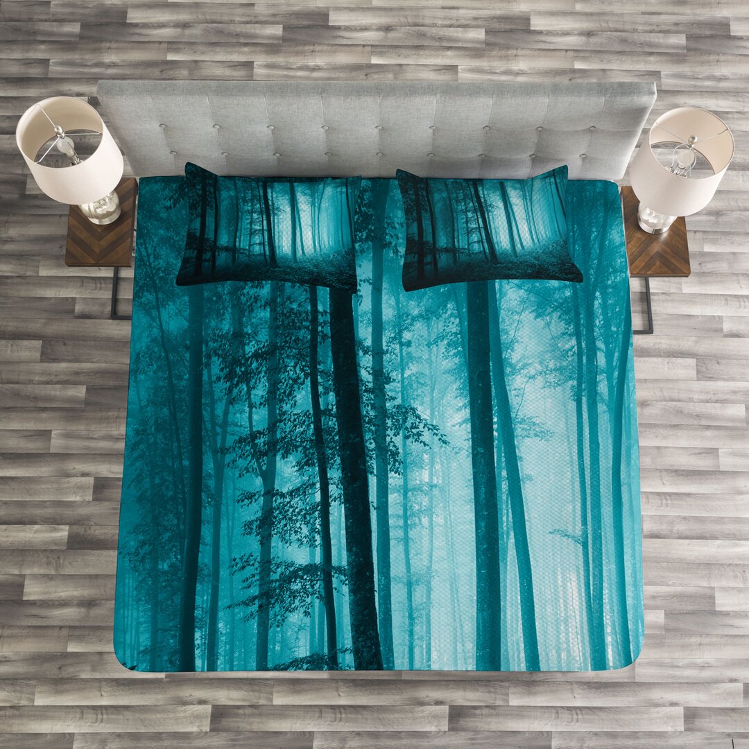 Gestepptes Bettdecken-Set, Foggy Dark Country Wald, Teal, Teal