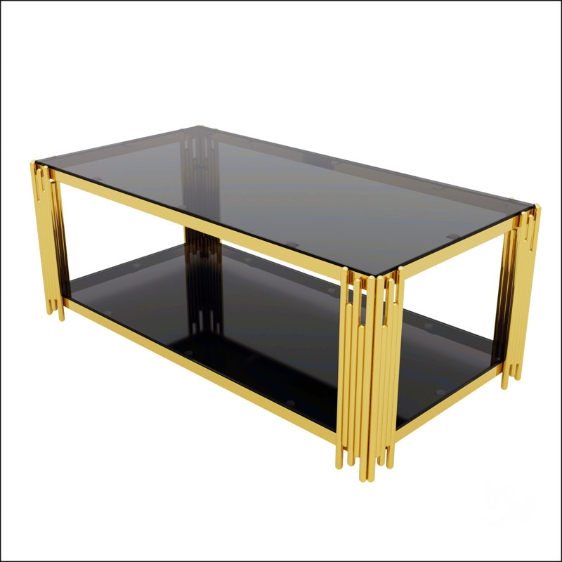 Table basse moderne avec miroir noir avec structure asymétrique en métal, finition dorée et tablette inférieure pour un rangement élégant