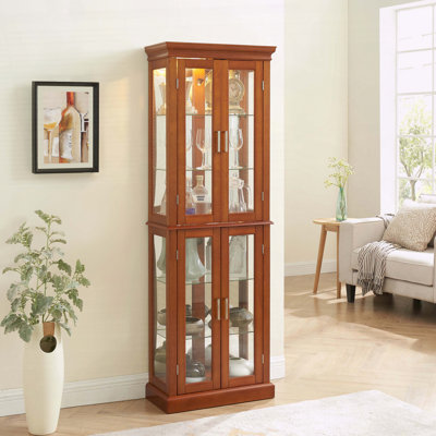 Vitrine lumineuse avec tablettes réglables en verre trempé et dossier en miroir - noyer (6 niveaux)