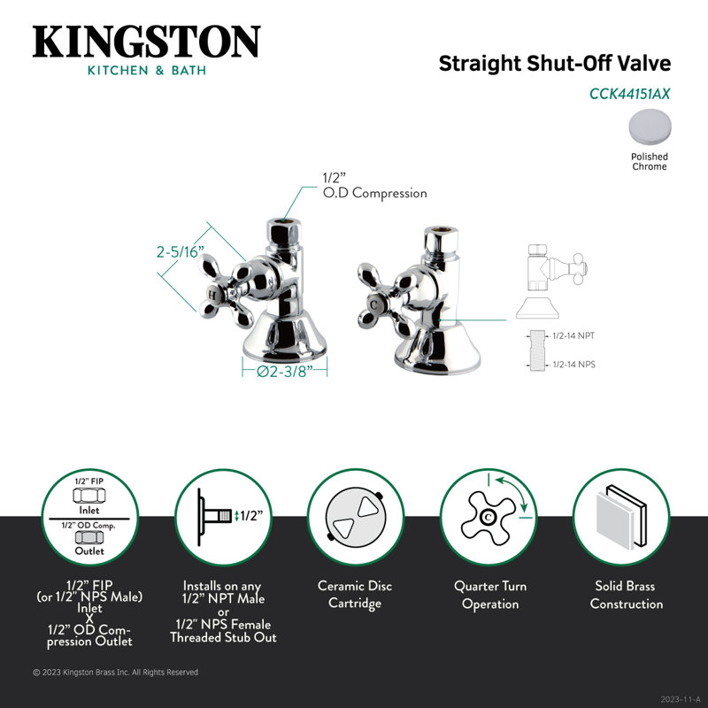 Kingston Brass Trimscape 1/2-Inch FIP x 1/2-Inch OD Comp Quarter-Turn Straight Stop Valve, Chrome