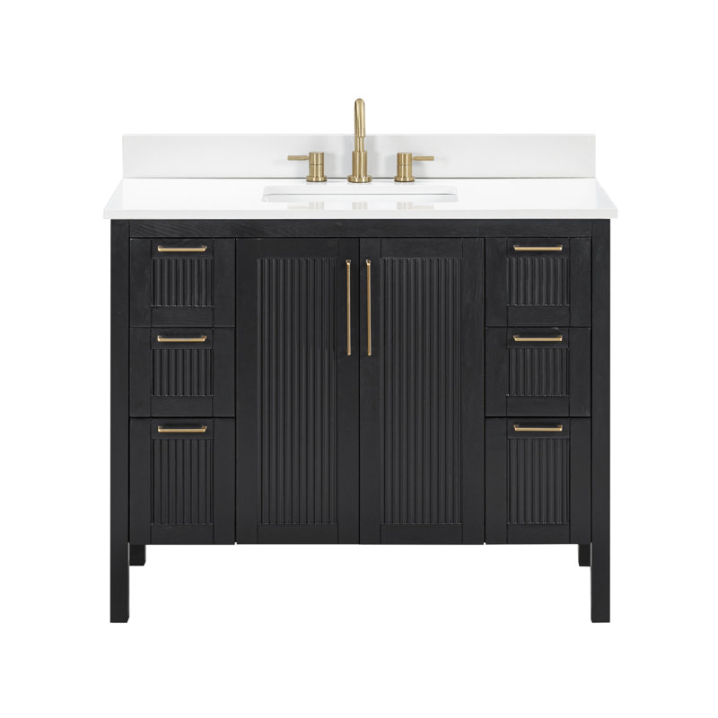 Meuble-lavabo simple 42 po avec plateau en chêne noir Luka, 43", Quartz blanc
