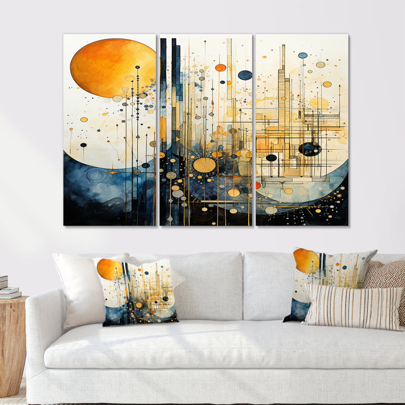 Pleine lune, musique, montagnes, paysage abstrait, ensemble d'art mural, Toile tendue, H 32 po x l 48 po x P 1 po