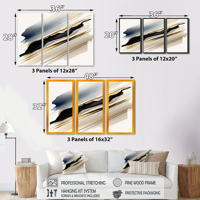 «Black and Gold Cubic Expression X», reproduction de 3 pièces sur toile, H 28 po x l 36 po x P 1 po, Cadre flottant blanc