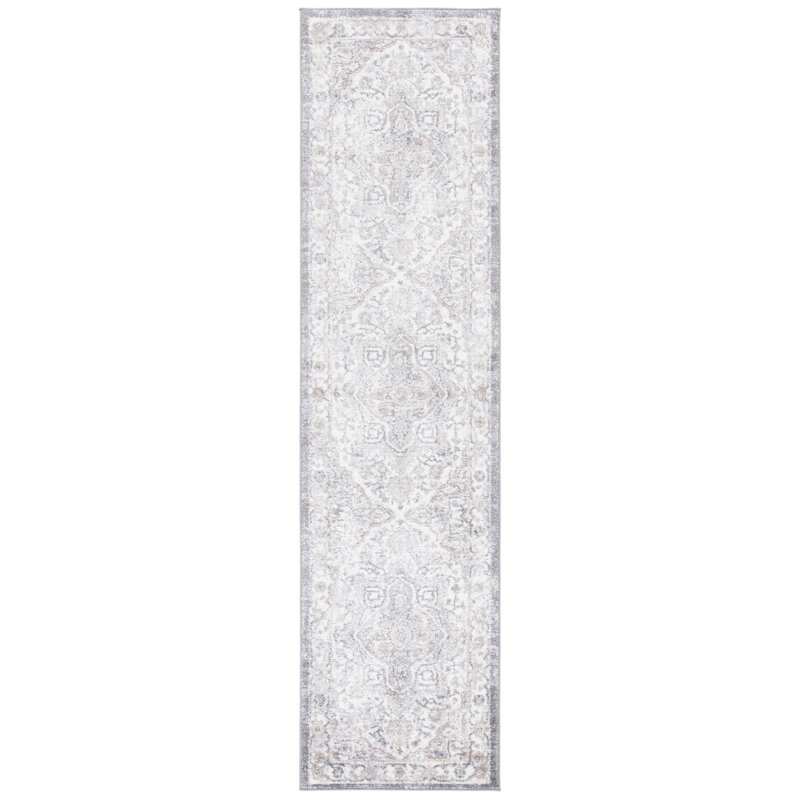 Tapis oriental gris en polypropylène / polyester tissé à la machine, Tapis de couloir 2 pi 3 po x 9 pi
