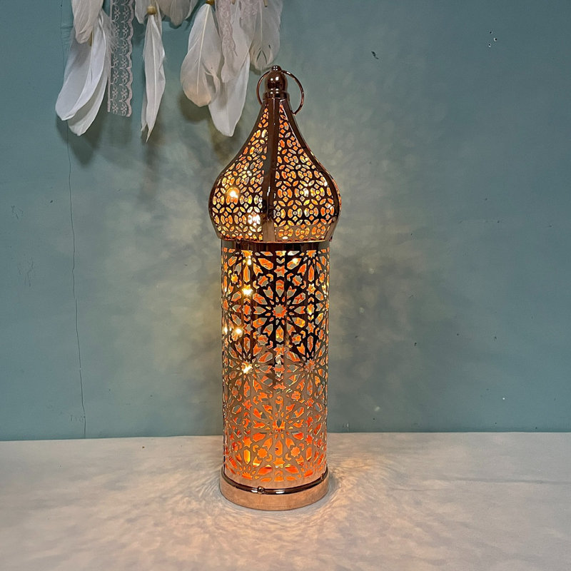 Moroccan Style Temple Hollow Iron Lantern, Vintage Ramadan Lamp Home Decoration Lights Ornaments,Hanging Metal Battery Operated for Table Indoor Decor