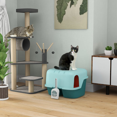 Bac à litière pour chat, bac à litière avec couvercle, pelle, couvercle ouvrable facile à nettoyer et verrouillable, bac à litière pour chats d'intérieur, vert