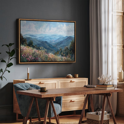 «Serene Blue Mountain Landscape with Wildflowers», reproduction d'art encadrée