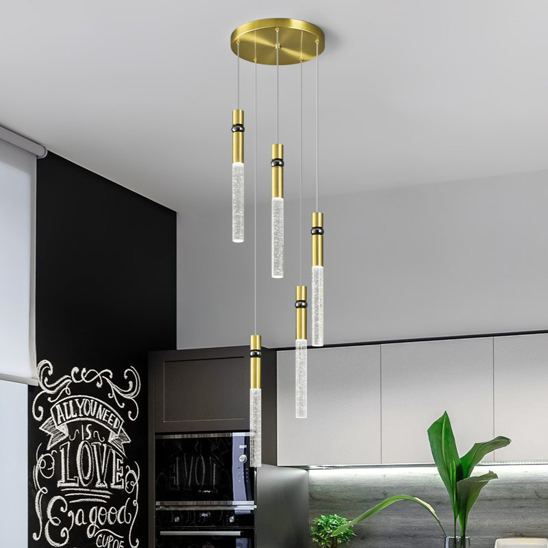 Luminaire suspendu pour salle à manger 5 lumières à DEL à intensité variable moderne et doré avec îlot de cuisine