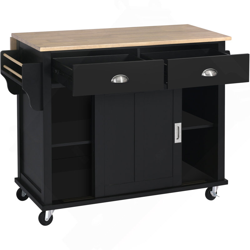 Versatile Kitchen Cart With Rubber Wood And Drop-Leaf Countertop For Efficient Cooking, Black