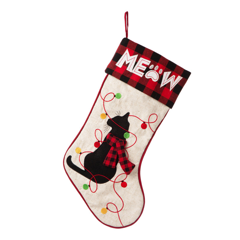 Chaussette de Noël 21 po L en lin brodé à DEL - Chat