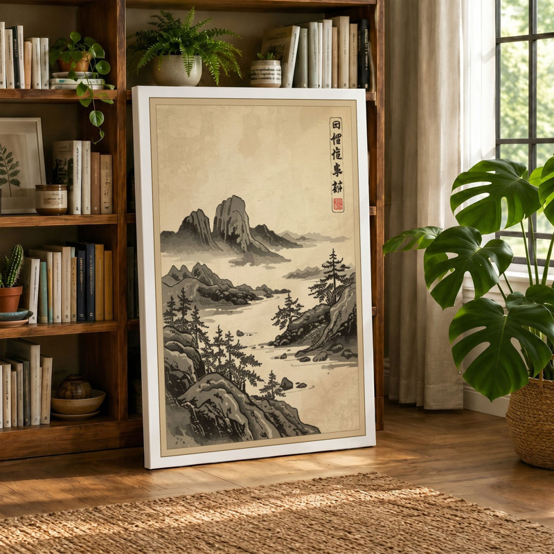 Remote Mountain Wilderness Japandi - Wrapped Canvas, 36x24 - 91.4 x 61.0 cm, Sage Border