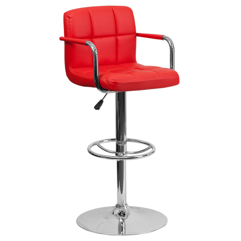 Red Adjustable Height Swivel Leather Bar Stool with Metal Base