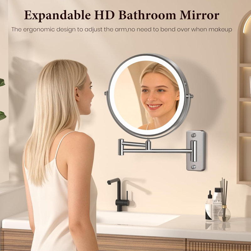 Grand miroir de maquillage mural 9 po lumineux, 5000Mah, miroir grossissant rechargeable 1X / 15X avec 3 lumières de couleur à intensité variable, bras rotatif 360 °, miroir de maquillage mural pour salle de bain