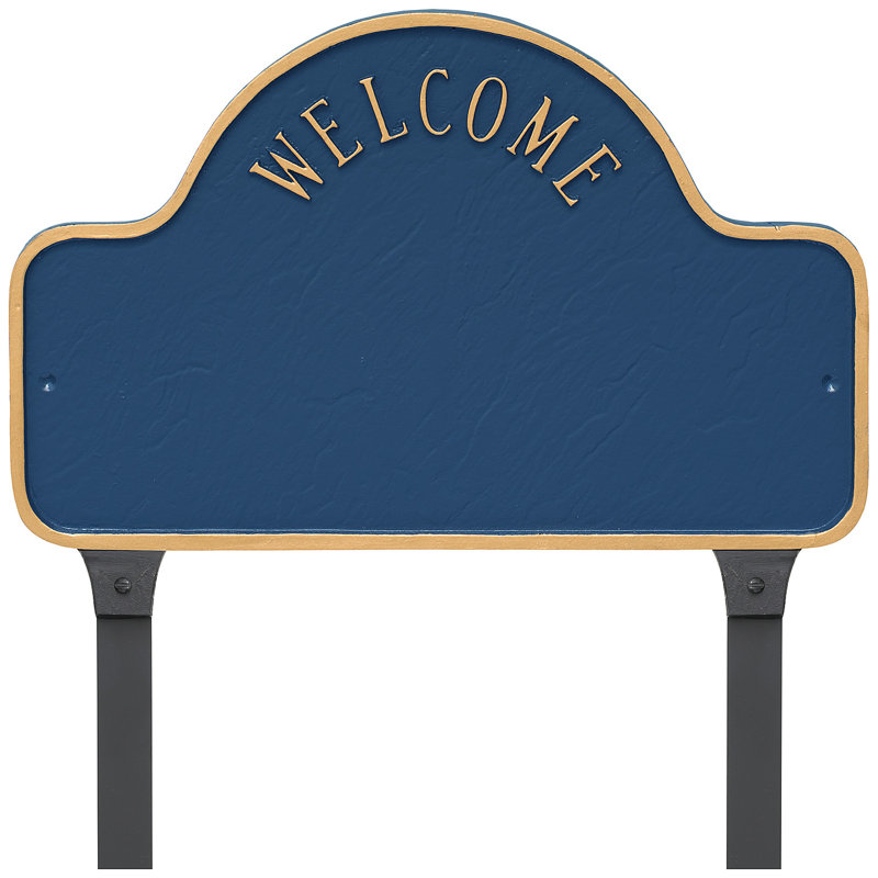 Enseigne d’adresse pour pelouse sur 3 lignes welcome, Bleu de mer / doré