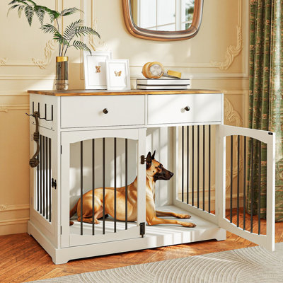 Table de bout pour chien 40 po avec 2 portes et tiroirs de rangement pour grands chiens d'intérieur, blanc