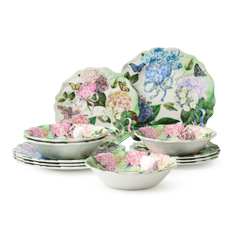 Garden Path 12-Piece Melamine Dinnerware Set – Elegant Hydrangea Floral Design – Service for 4 with Durable, Lightweight, and Dishwasher-Safe Plates & Bowls for Cottage & Outdoor Dining
