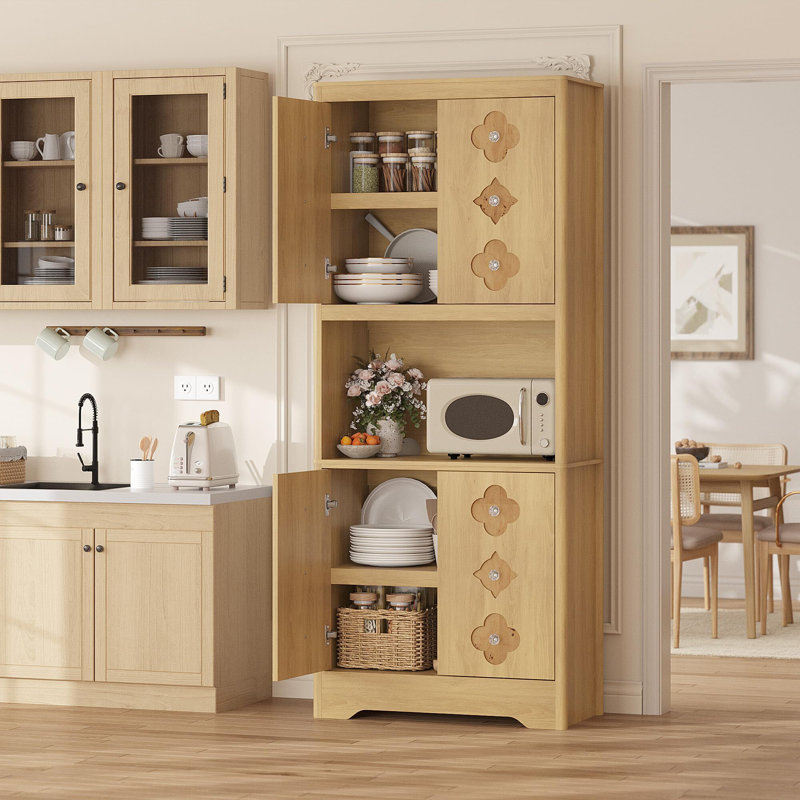 Armoire de cuisine de 72 po de hauteur avec tablette ouverte, boutons en cristal, support pour micro-ondes et rangement réglable