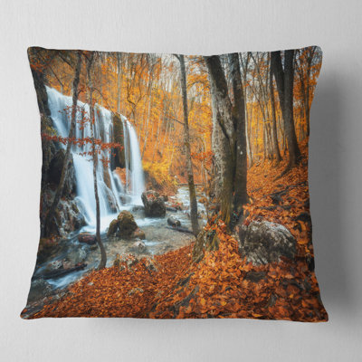 Landscape Photography Autumn Mountain Waterfall Close View Throw Pillow