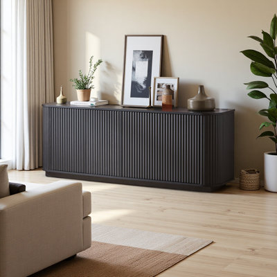 Meuble télé avec buffet à motif ondulé et armoire à rayures verticales en bois pour cuisine / chambre à coucher / vestibule. Noir, l 64 po x P 15 po x H 24 po