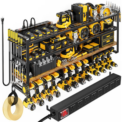 Grand organisateur d'outils électriques avec station de charge, support utilitaire de 800 lb, pouvant contenir 12 perceuses sans fil, tablette à outils murale avec multiprise à 8 prises, cadeau pour hommes, 4 couches (noir)