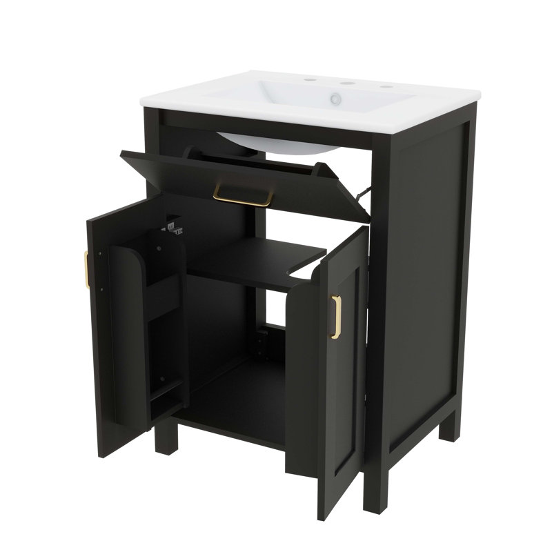 Meuble-lavabo de 24 po avec lavabo, armoire de salle de bain en bois massif avec tiroir basculant, supports de rangement, porte à fermeture en douceur et tablettes réglables